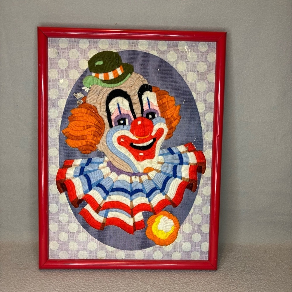 Vintage Colorful Clown Yarn Art in Red Frame